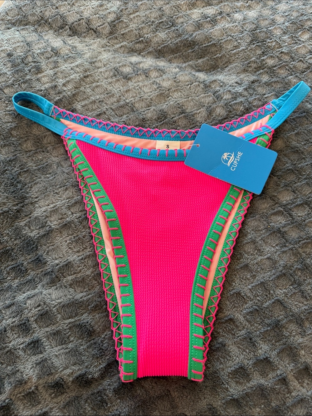 Cupshe Neon Pink Bikini Bottom with Teal and Green Trim